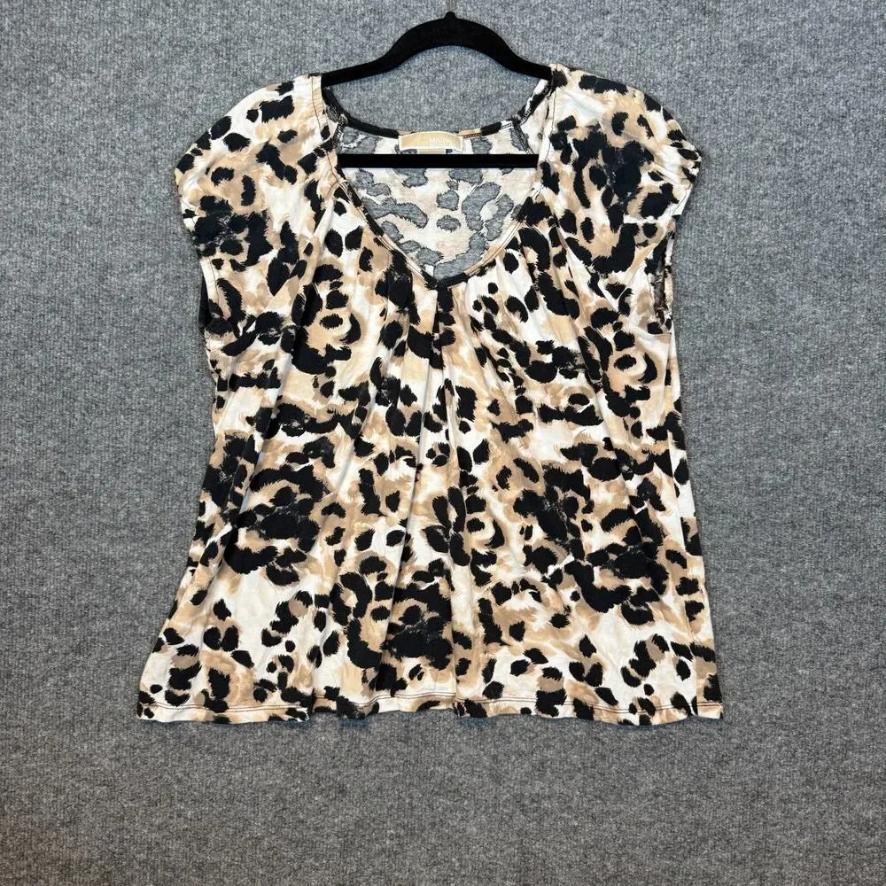 Michael‎ Kors Shirt Womens XL Animal Print Short Sleeve Blouse Stretch
